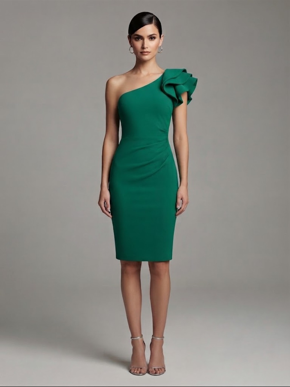 BETSY & ADAM Emerald Green One-Shoulder Ruffle Cocktail Dress Size 4 NWT